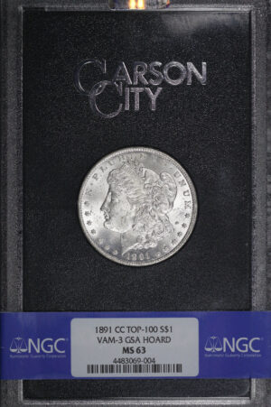 Obverse of this 1891-CC Top-100 VAM-3 Morgan Dollar NGC MS-63 GSA Hard Pack With Box