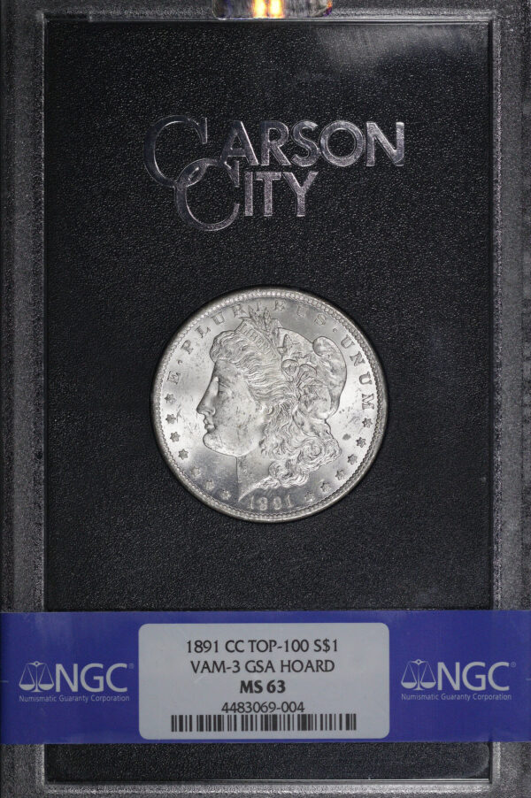 Obverse of this 1891-CC Top-100 VAM-3 Morgan Dollar NGC MS-63 GSA Hard Pack With Box