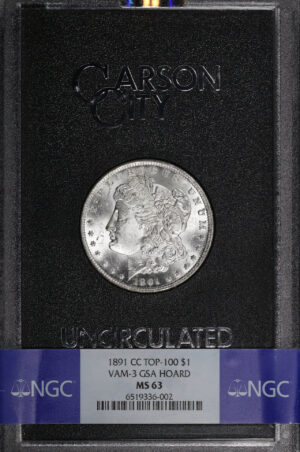 Obverse of this 1891-CC Top-100 VAM-3 Morgan Dollar NGC MS-63 GSA Hard Pack With Box