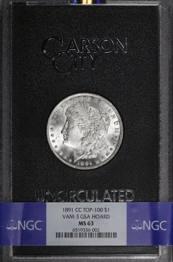 Obverse of this 1891-CC Top-100 VAM-3 Morgan Dollar NGC MS-63 GSA Hard Pack With Box