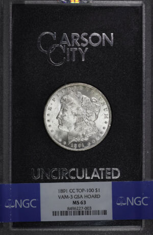 Obverse of this 1891-CC Top-100 Morgan Dollar VAM-3 NGC MS-63 GSA Hard Pack With Box