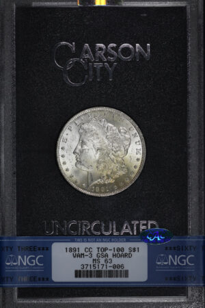 Obverse of this 1891-CC Top-100 Morgan Dollar NGC MS-63 CAC GSA Hard Pack With Box