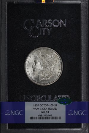 Obverse of this 1879-CC Top-100 Morgan Dollar VAM-3 NGC MS-63 CAC GSA Hard Pack With Box 