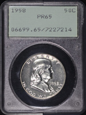 Obverse of this 1958 Franklin Half Dollar PCGS PR-65 Old Green Rattle Holder