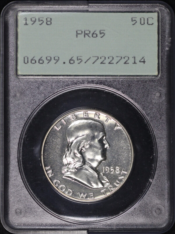 Obverse of this 1958 Franklin Half Dollar PCGS PR-65 Old Green Rattle Holder