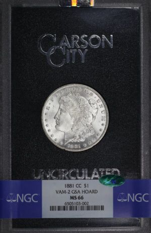 Obverse of this 1881-CC Morgan Dollar VAM-2 NGC MS-66 CAC GSA Hard Pack With Box