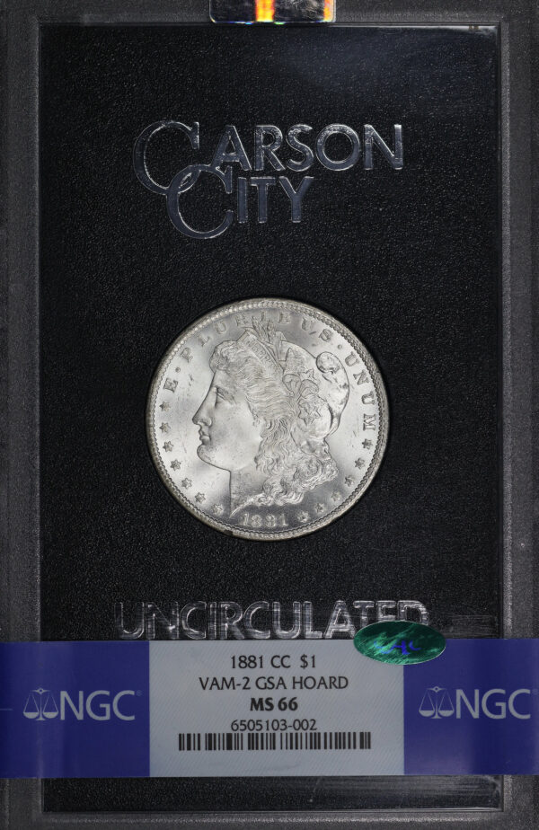 Obverse of this 1881-CC Morgan Dollar VAM-2 NGC MS-66 CAC GSA Hard Pack With Box
