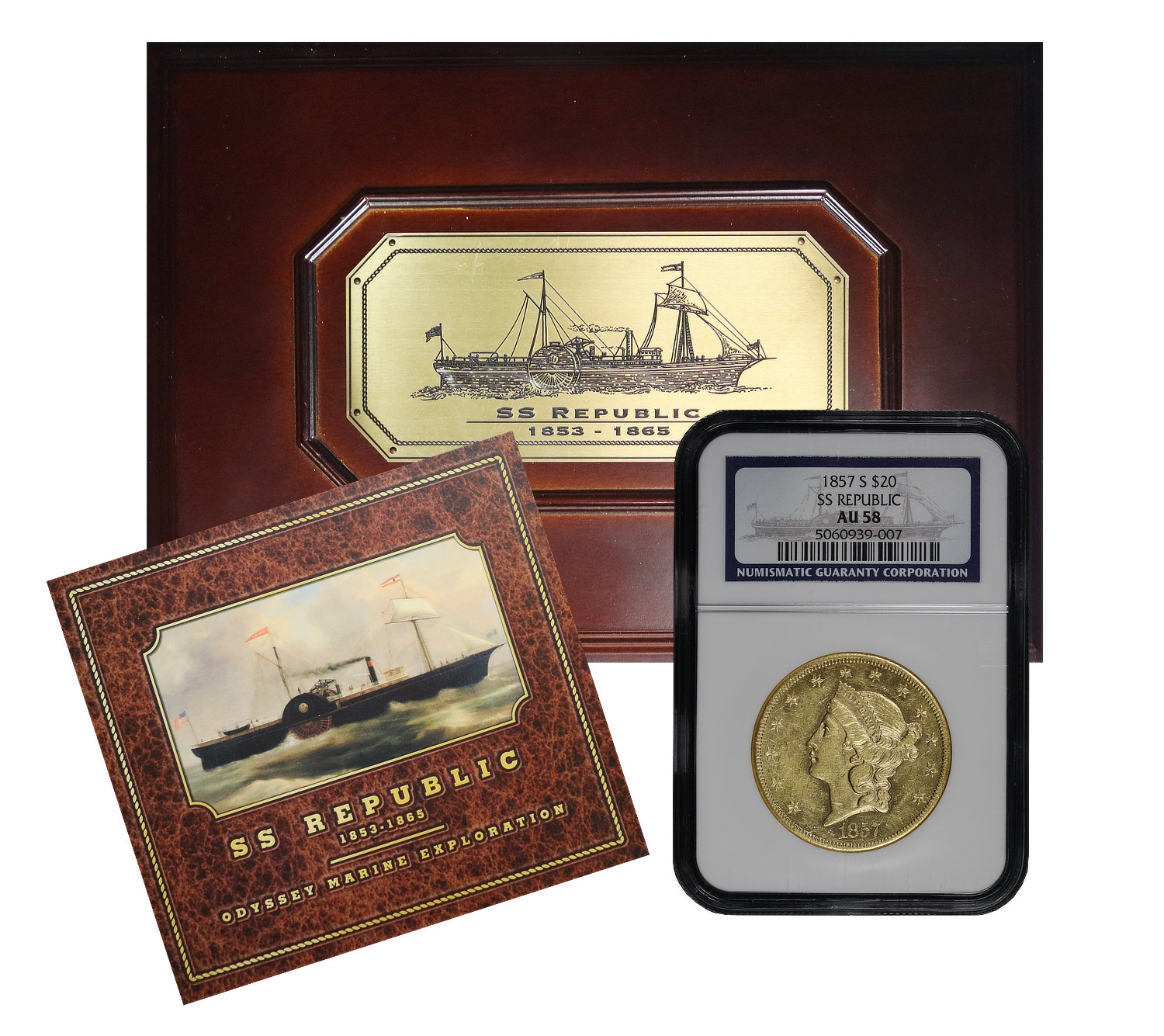 Obverse of this 1857-S Liberty Head $20 NGC AU-58 SS Republic Shipwreck