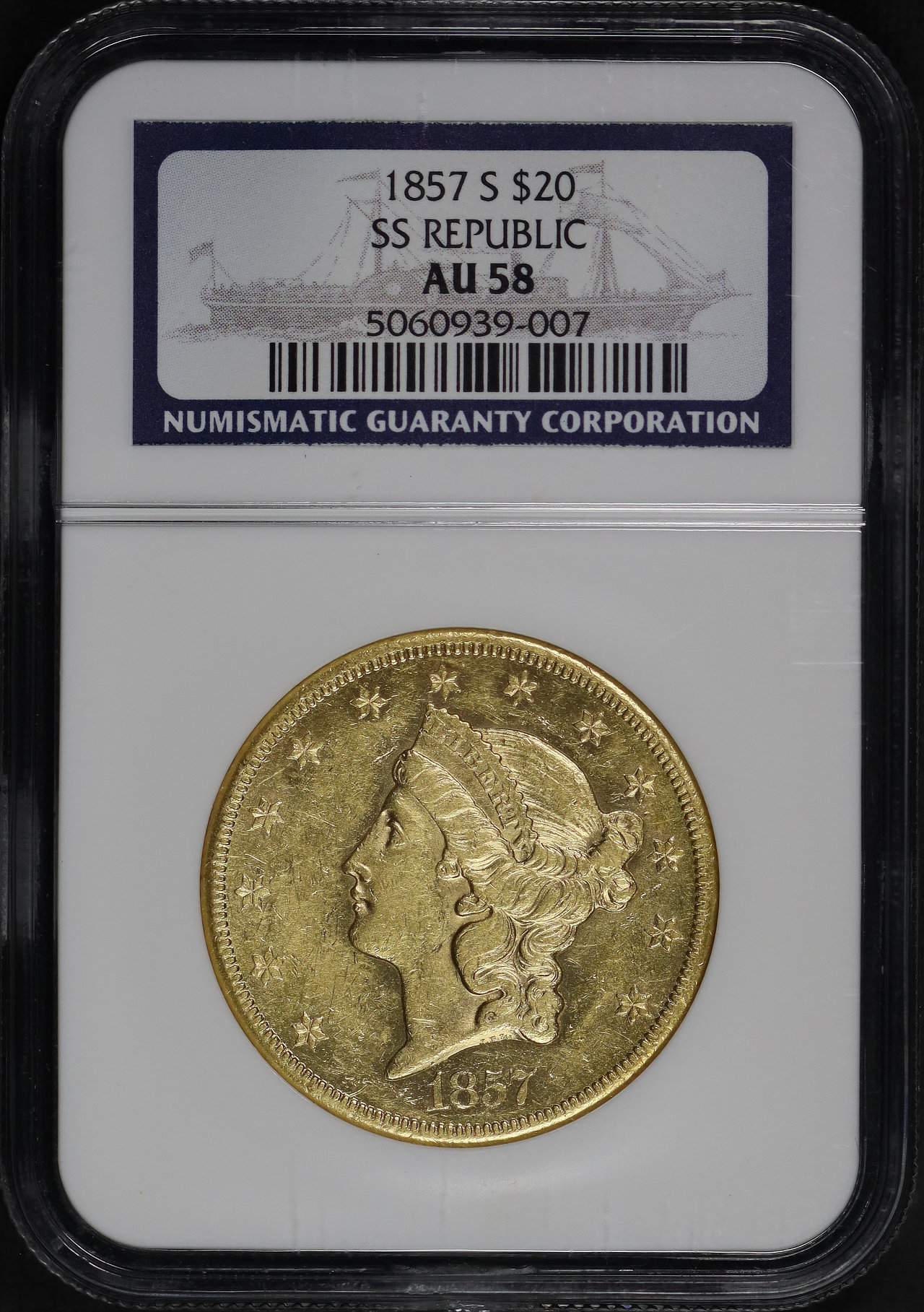 Reverse of this 1857-S Liberty Head $20 NGC AU-58