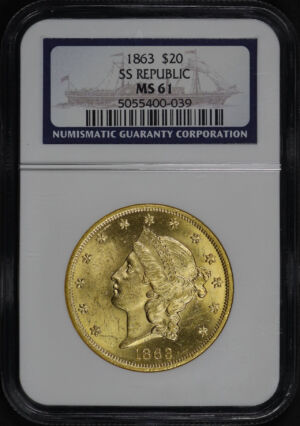 Obverse of this 1863 Liberty Head $20 Type 1 NGC MS-61 SS Republic 
