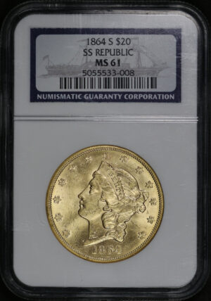 Obverse of this 1864-S Liberty Head $20 SS Republic Shipwreck Type 1 NGC MS-61