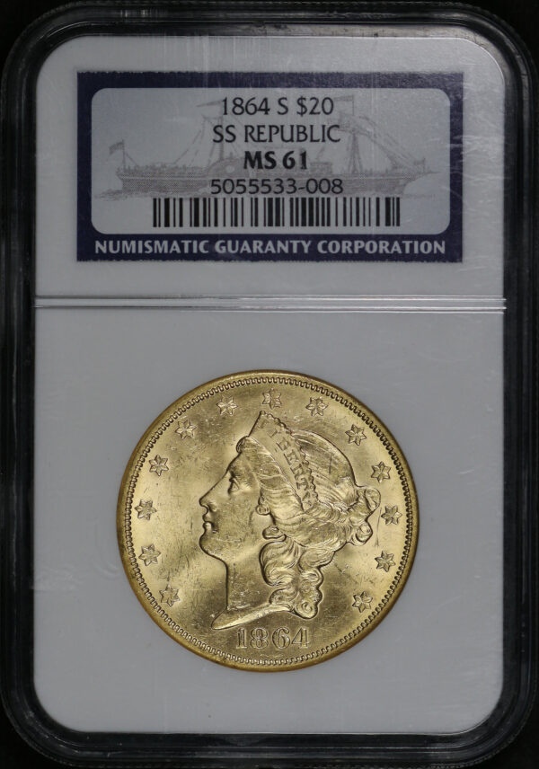 Obverse of this 1864-S Liberty Head $20 SS Republic Shipwreck Type 1 NGC MS-61