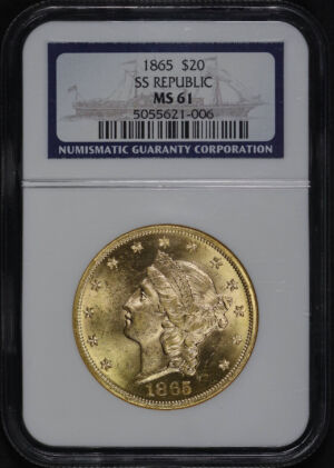 Obverse of this 1865 Liberty Head $20 Type 1 NGC MS-61 SS Republic 