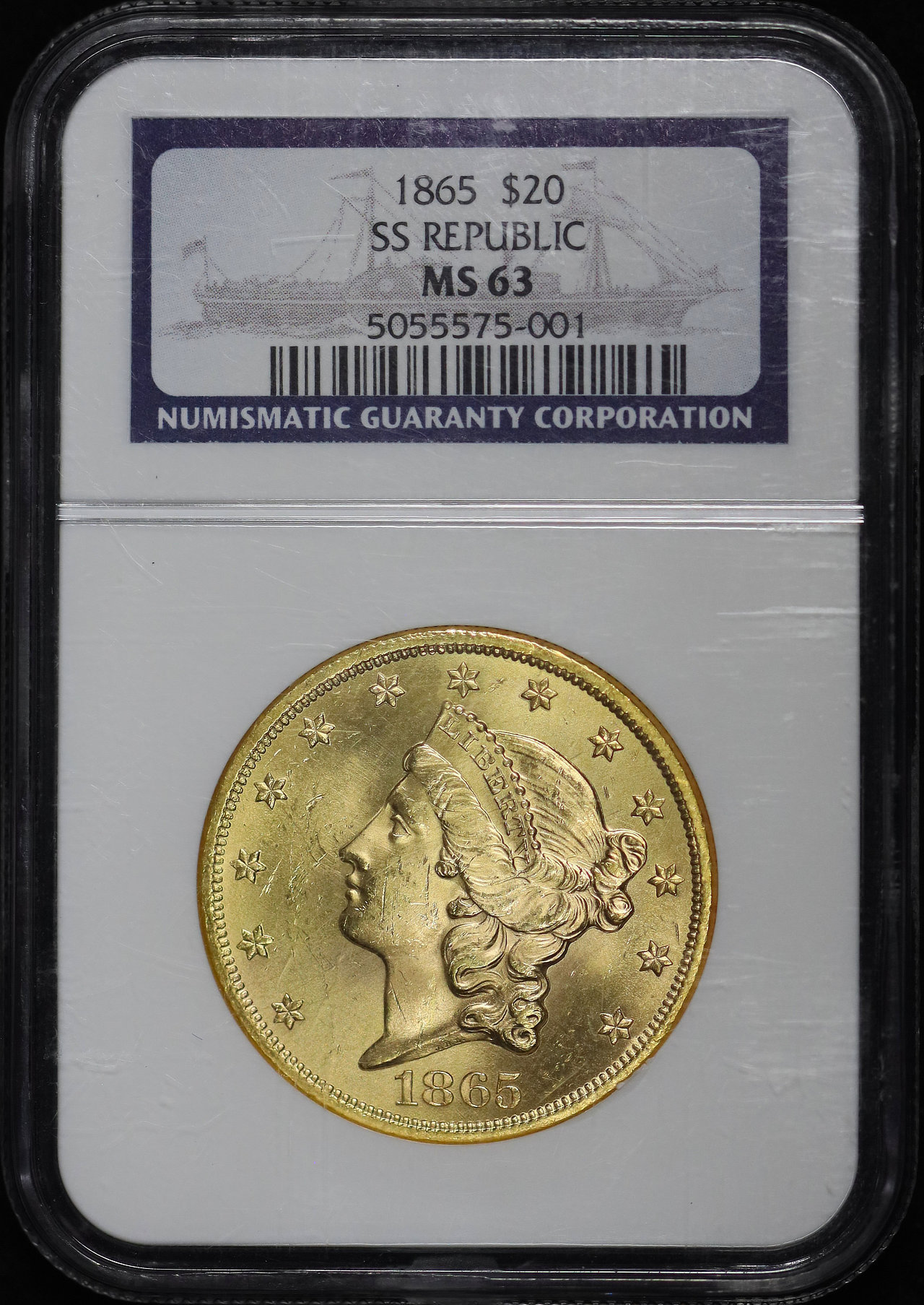 Obverse of this 1865 Liberty Head $20 Type 1 SS Republic NGC MS-63