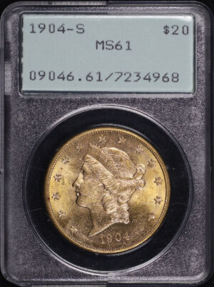 Obverse of this 1904-S Liberty Head $20 Type 3 PCGS MS-61 Old Green Rattler Holder