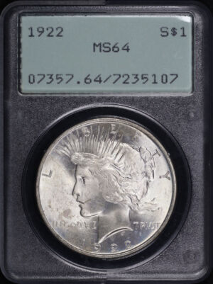 Obverse of this 1922 Peace Dollar PCGS MS-64 Old Green Rattle Holder