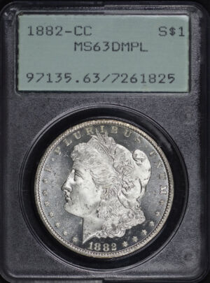 Obverse of this 1882-CC Morgan Dollar PCGS MS-63 DMPL Old Green Rattler Holder