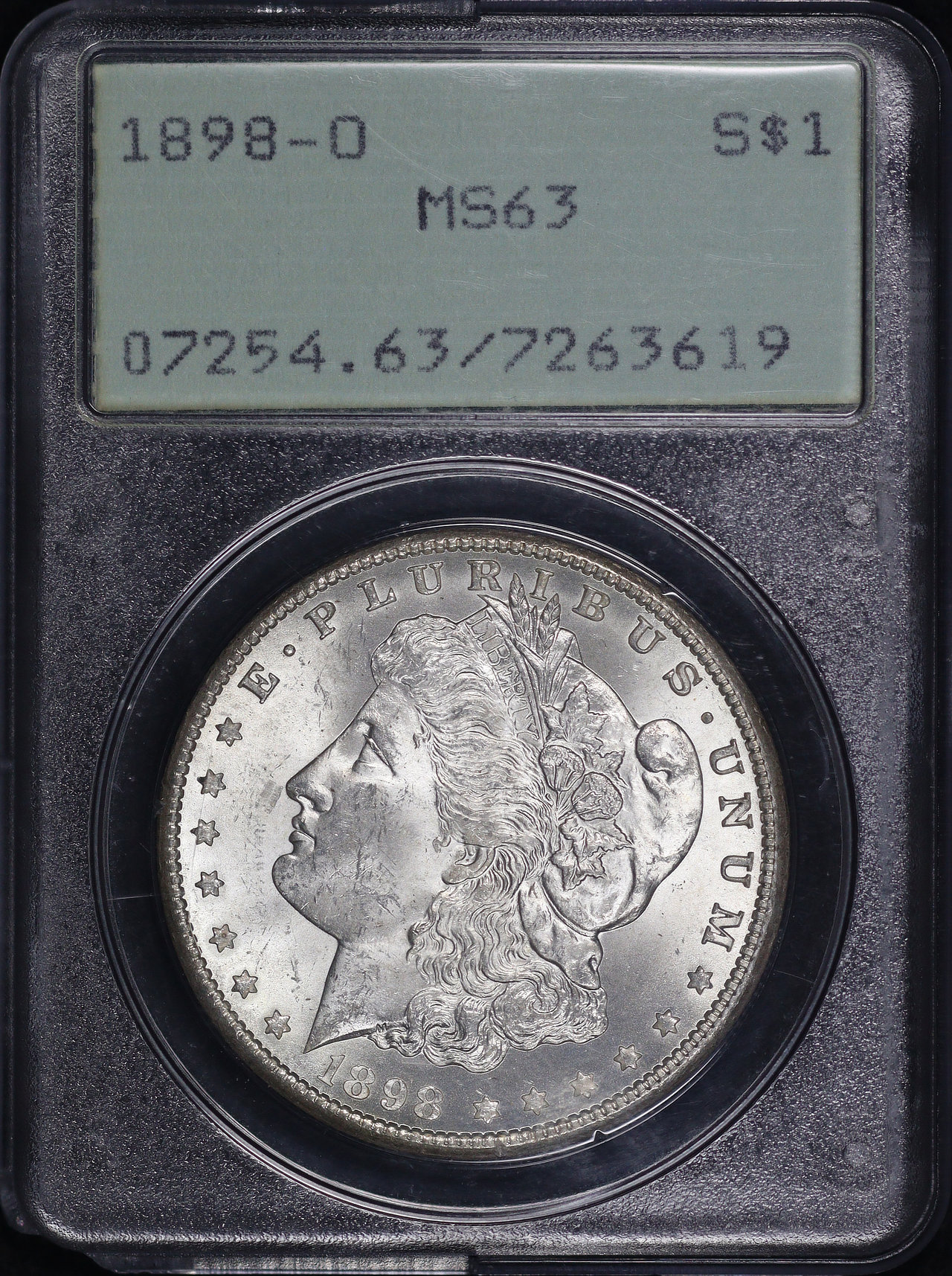 Obverse of this 1898-O Morgan Dollar PCGS MS-63 Old Green Rattle Holder