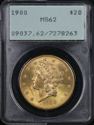 Obverse of this 1900 Liberty Head $20 Type 3 PCGS MS-62 Old Green Rattler Holder