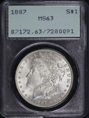Obverse of this 1887 Morgan Dollar PCGS MS-63 Old Green Rattler Holder