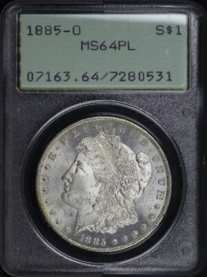 Obverse of this 1885-O Morgan Dollar PCGS MS-64 PL Old Green Rattler Holder
