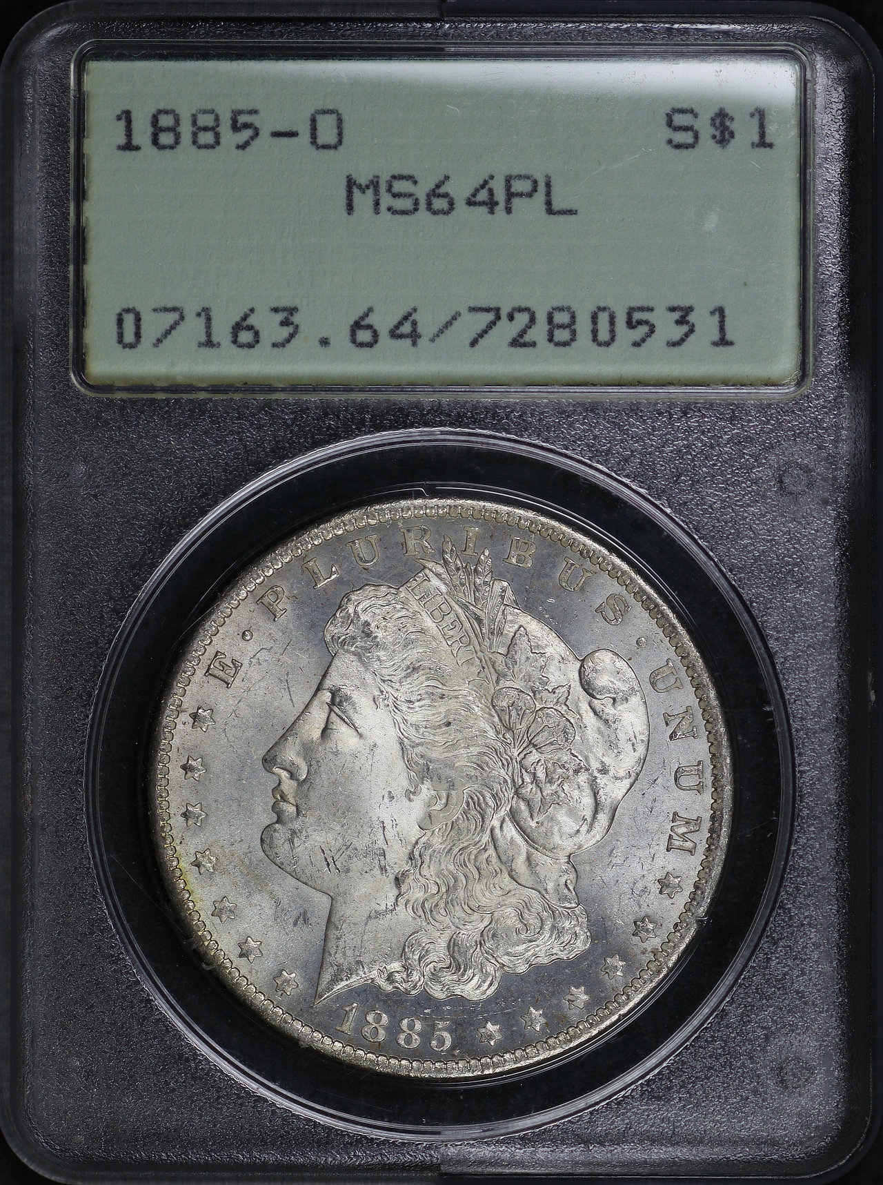Obverse of this 1885-O Morgan Dollar PCGS MS-64 PL Old Green Rattler Holder