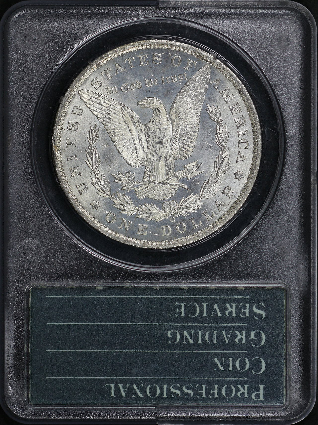 Reverse of this 1885-O Morgan Dollar PCGS MS-64 PL Old Green Rattler Holder