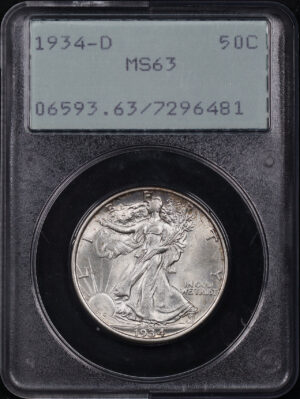 Obverse of this 1934-D Walking Liberty Half Dollar PCGS MS-63 Old Green Rattle Holder