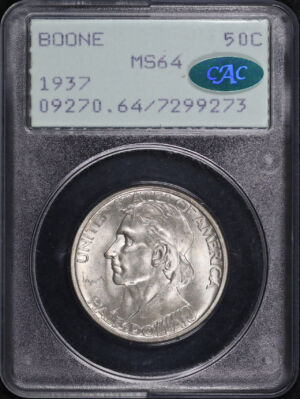 Obverse of this 1937 50C Boone Silver Commemorative PCGS MS-64 CAC Old Green Rattler Holder