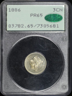Obverse of this 1886 Three Cent Nickel PCGS PR-65 CAC Old Green Rattler Holder