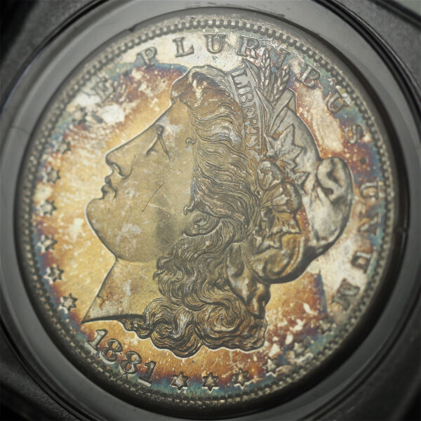 Gallery image of this 1881-S Morgan Dollar PCGS MS-65 Old Green Rattle Holder, Blue & Sunset Hue Toning