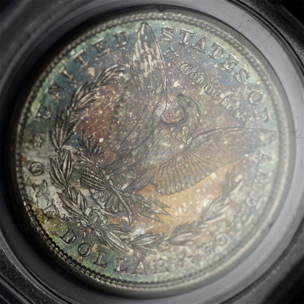 Gallery image of this 1881-S Morgan Dollar PCGS MS-65 Old Green Rattle Holder, Blue & Sunset Hue Toning