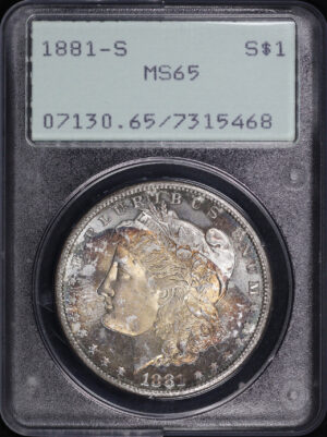 Obverse of this 1881-S Morgan Dollar PCGS MS-65 Old Green Rattle Holder, Blue & Sunset Hue Toning