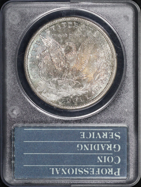 Reverse of this 1881-S Morgan Dollar PCGS MS-65 Old Green Rattle Holder, Blue & Sunset Hue Toning