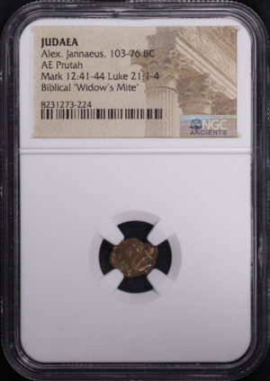 Obverse of this Alex. Jannaeus, Judaea 103-76 BC AE Prutah Mark 12:41-44, Luke 21: 1-4 NGC Biblical “Widow’s Mite”