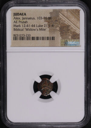 Obverse of this Alex. Jannaeus, Judaea 103-76 BC AE Prutah Mark 12:41-44, Luke 21: 1-4 NGC Biblical “Widow’s Mite”