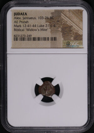 Obverse of this Alex. Jannaeus, Judaea 103-76 BC AE Prutah Mark 12:41-44, Luke 21: 1-4 NGC Biblical “Widow’s Mite”