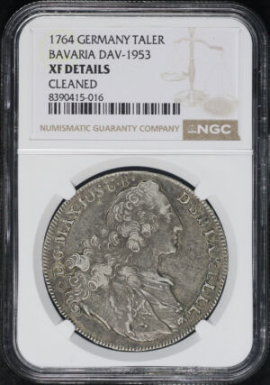 Obverse of this 1764 German States Bavaria Silver Thaler DAV-1953 KM#519 NGC XF Details Cleaned