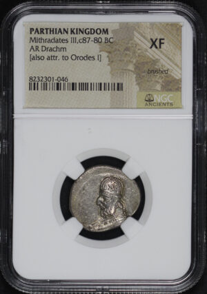 Obverse of this Parthian Kingdom Mithradates III c87-80 BC AR Drachm [also attr. to Orodes I] NGC XF Brushed