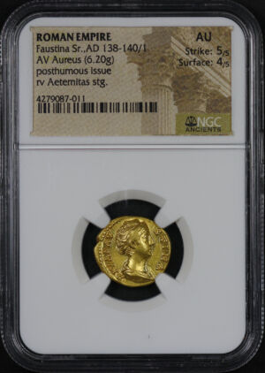 Obverse of this Roman Empire, Faustina Sr. AD 138-140/1 AV Aureus (6.20g) Posthumous Issues rv Aetemitas Stg. NGC AU Strike: 5/5, Surface: 4/5
