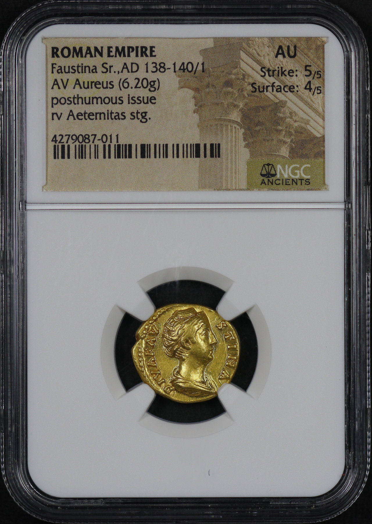 Obverse of this Roman Empire, Faustina Sr. AD 138-140/1 AV Aureus (6.20g) Posthumous Issues rv Aetemitas Stg. NGC AU Strike: 5/5, Surface: 4/5
