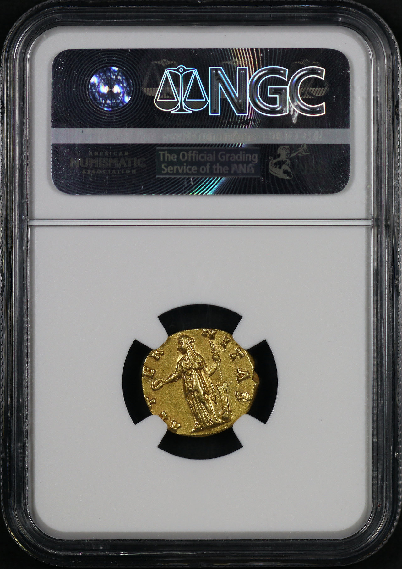 Reverse of this Roman Empire, Faustina Sr. AD 138-140/1 AV Aureus (6.20g) Posthumous Issues rv Aetemitas Stg. NGC AU Strike: 5/5, Surface: 4/5