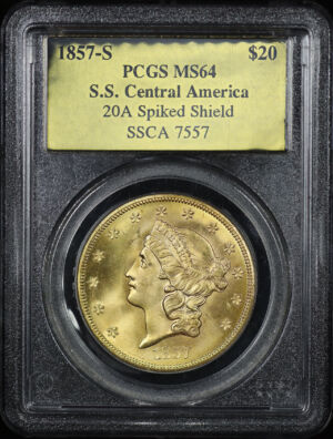 Obverse of this 1857-S Liberty Head $20 Type 1 20A Spiked Shield PCGS MS-64 S.S. Central America Shipwreck SSCA 7557 Gold Foil Label