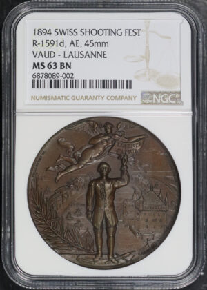 Obverse of this 1894 Swiss Shooting  FEST R-1591d, AE, 45mm Vaud-Lausanne NGC MS-63 BN