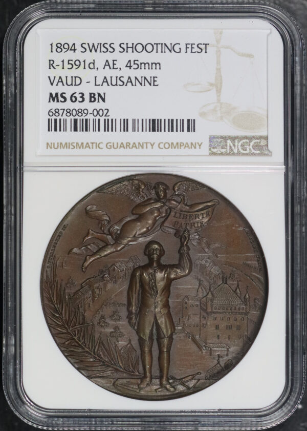 Obverse of this 1894 Swiss Shooting  FEST R-1591d, AE, 45mm Vaud-Lausanne NGC MS-63 BN