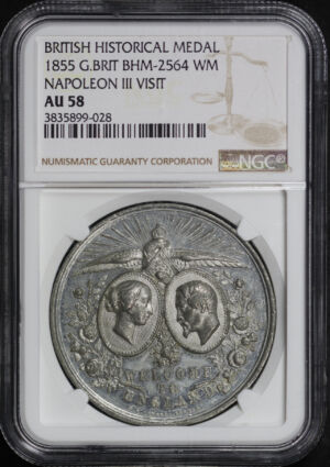 Obverse of this 1855 Great Britain BHM-2564  Napoleon III Visit British Historical Medal WM NGC AU-58