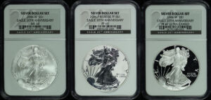 Obverse of this  2006-W American Silver Eagle West Point Eagle Set NGC MS-69, SP-69 Enhanced Finish & PF-69 Reverse Proof 20th Anniversary Silver Dollar Set 