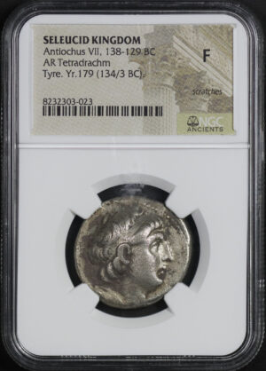 Obverse of this Seleucid Kingdom VII, 138-129 BC AR Tetradrachm Tyre Yr. 179 (134/3) BC NGC F