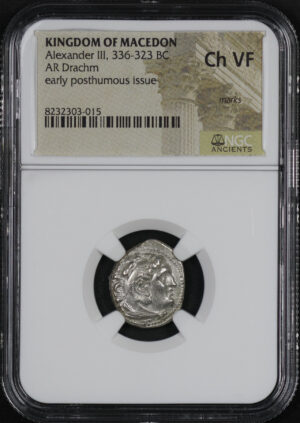 Obverse of this Kingdom Of Macedom Alexander III, 336-323 BC AR Drachm Early Posthumous Issue NGC Ch VF