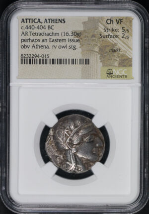 Obverse of this Attica, Athens c. 440-404 BC AR Tetradrachm (16.30g) Perhaps An Eastern Issue Obv Athena rv Owl Stg. NGC Ch VF Stike: 5/5 Surface: 2/5
